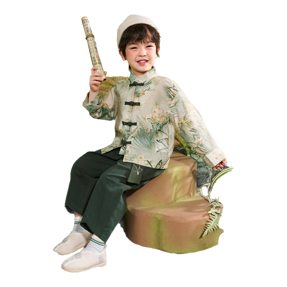 ASK JUNIOR Boys' Spring 2026 Chinese Style Frog Button Printed Top and Wide-Leg Pants Set