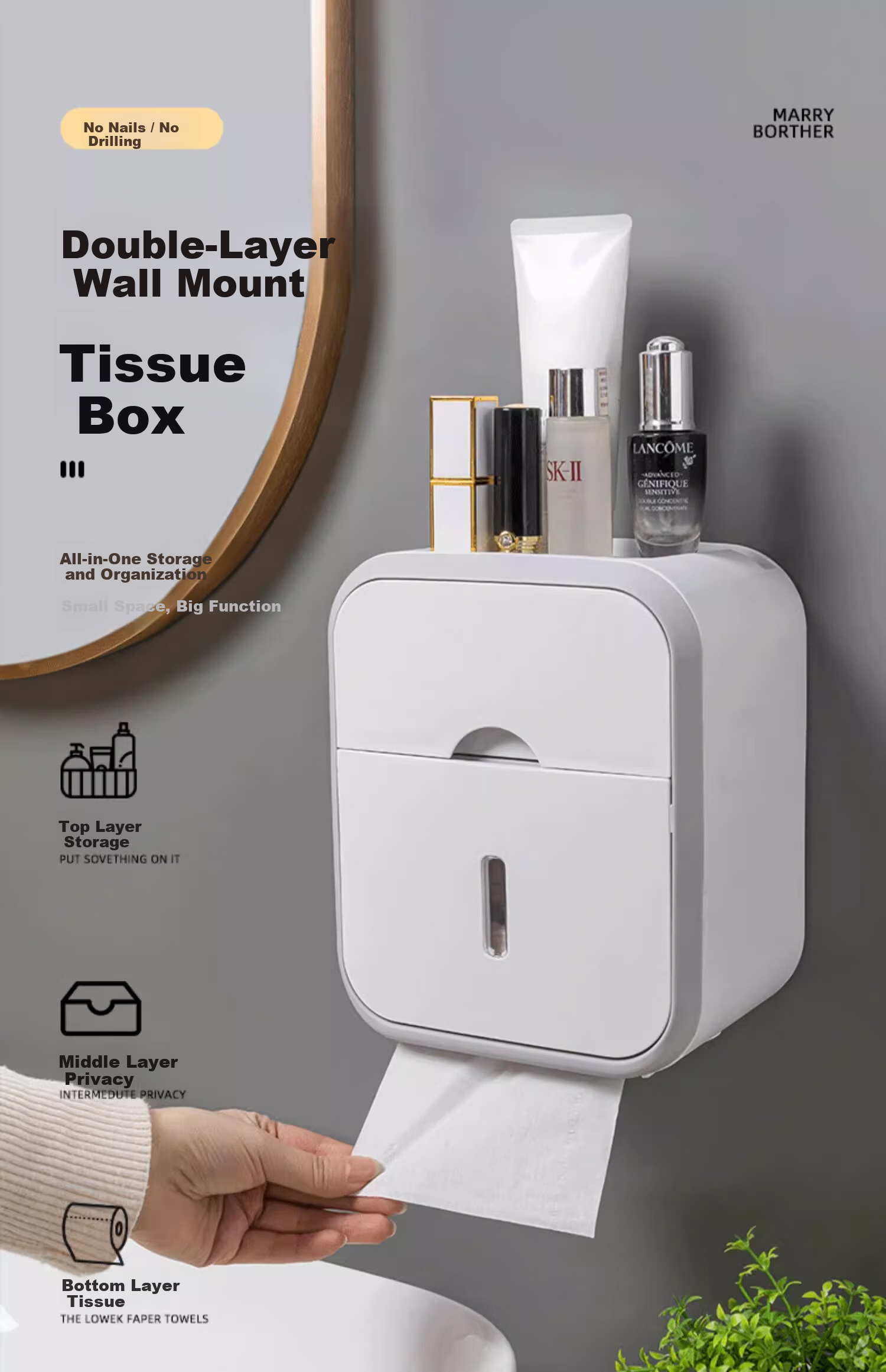 Muya Wall-Mounted Waterproof Toilet Paper Holder No-Drill Tissue Box Bathroom Storage Rack 1