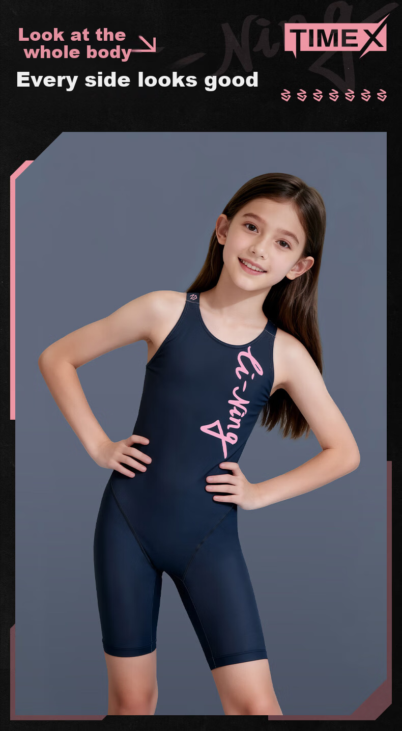LI-NING Youth Girls Comfortable Sleeveless Knee-Length One-Piece Professional Training Swimsuit 0362 Black Pink Size 150 18