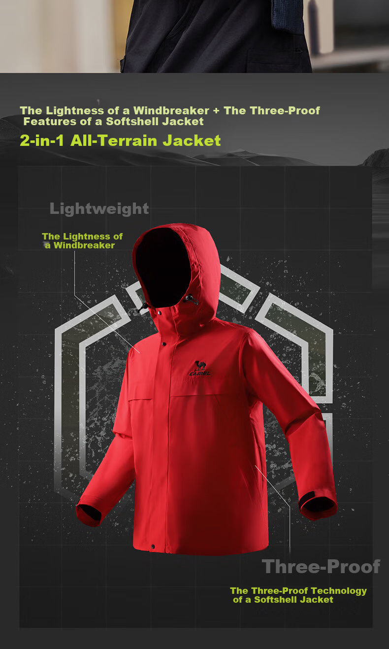 CAMEL All-Terrain Jacket Unisex Windproof Waterproof Outdoor Coat J35CW1L0032 Dazzling Red M 7