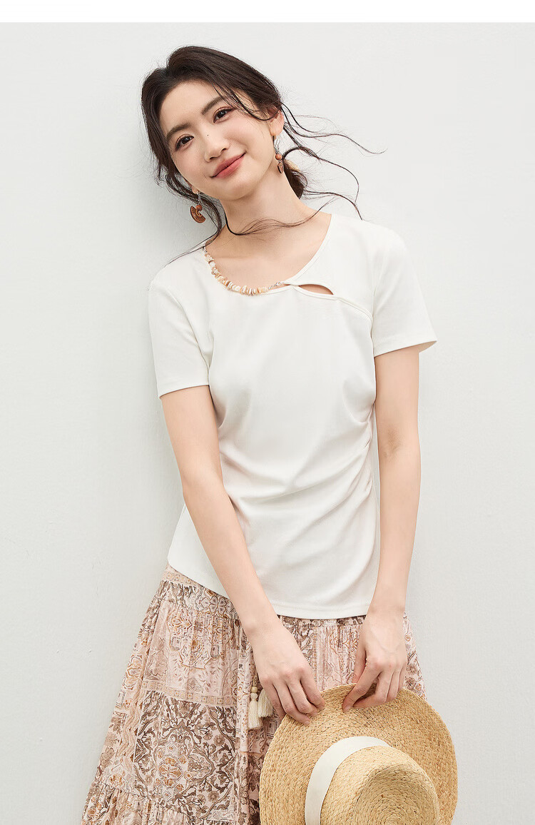 Shangdu Bila Cotton Blend Pleated Slim Fit T-Shirt Women Spring Summer Designer Round Neck Hollow Out Asymmetric Overlap Irregular Split Top 17