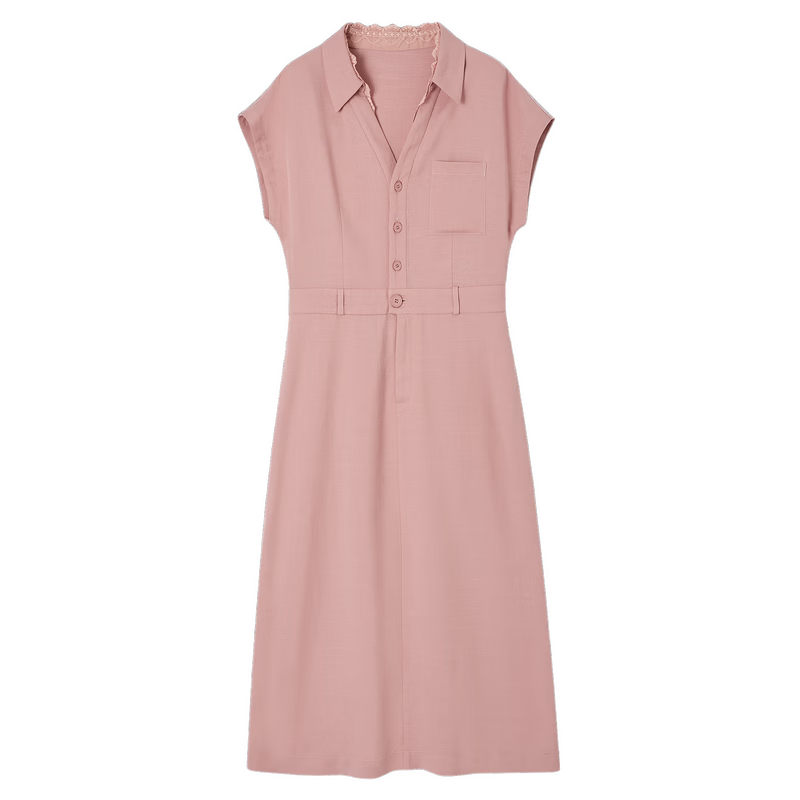 Demana Summer Elegant Lace Splice V-Neck Waist-Slimming Slit Mid-Length Dress with Natural Linen