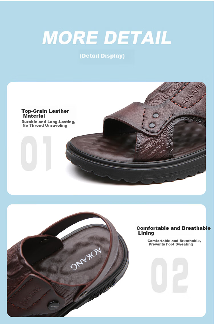 Aokang Men's Leather Beach Sandals, Casual Leather Slippers, Middle-Aged And Elderly Dad Shoes, Two-Way Wear, Large Size Slippers, Brown, Size 38 11