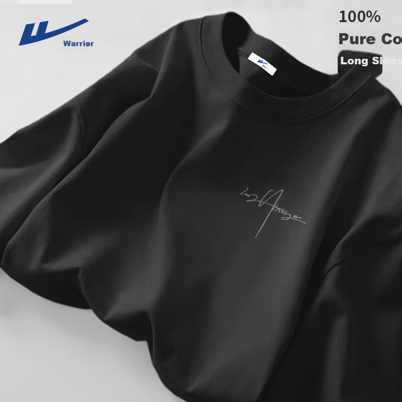 Warrior Men's Pure Cotton T-Shirt Spring and Autumn New Heavyweight Sports Top Loose Fit Long Sleeve Base Shirt Black XL