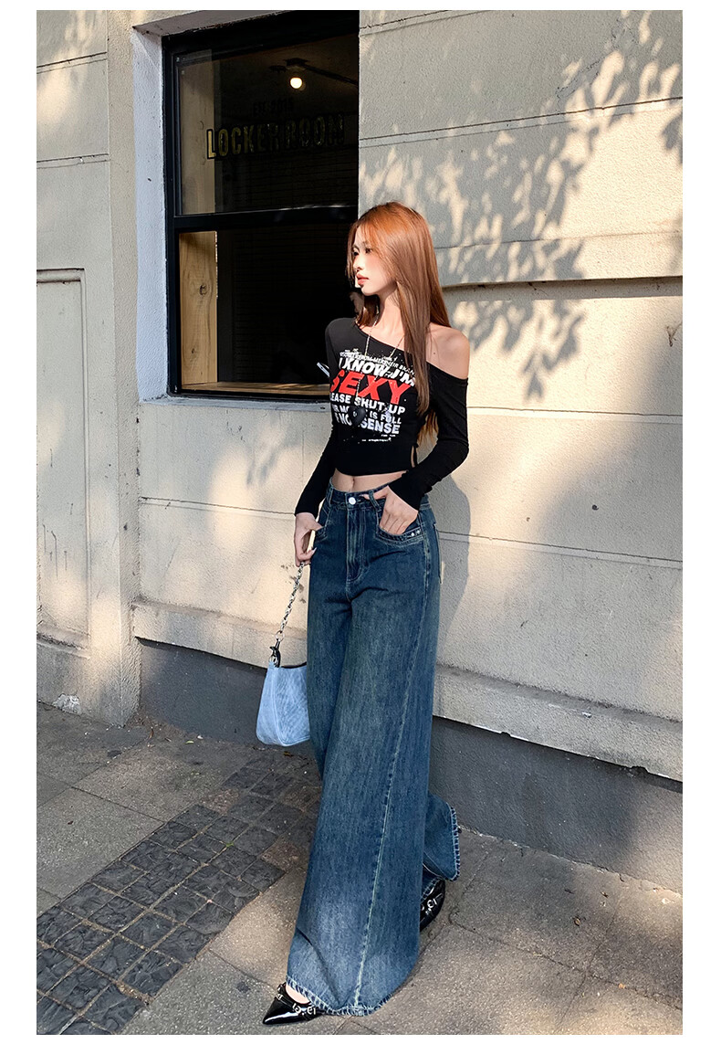 Jeanswest High Waist Women's Flared Jeans 2026 Spring Summer Slim Fit Retro Blue Wide Leg Pants S 13