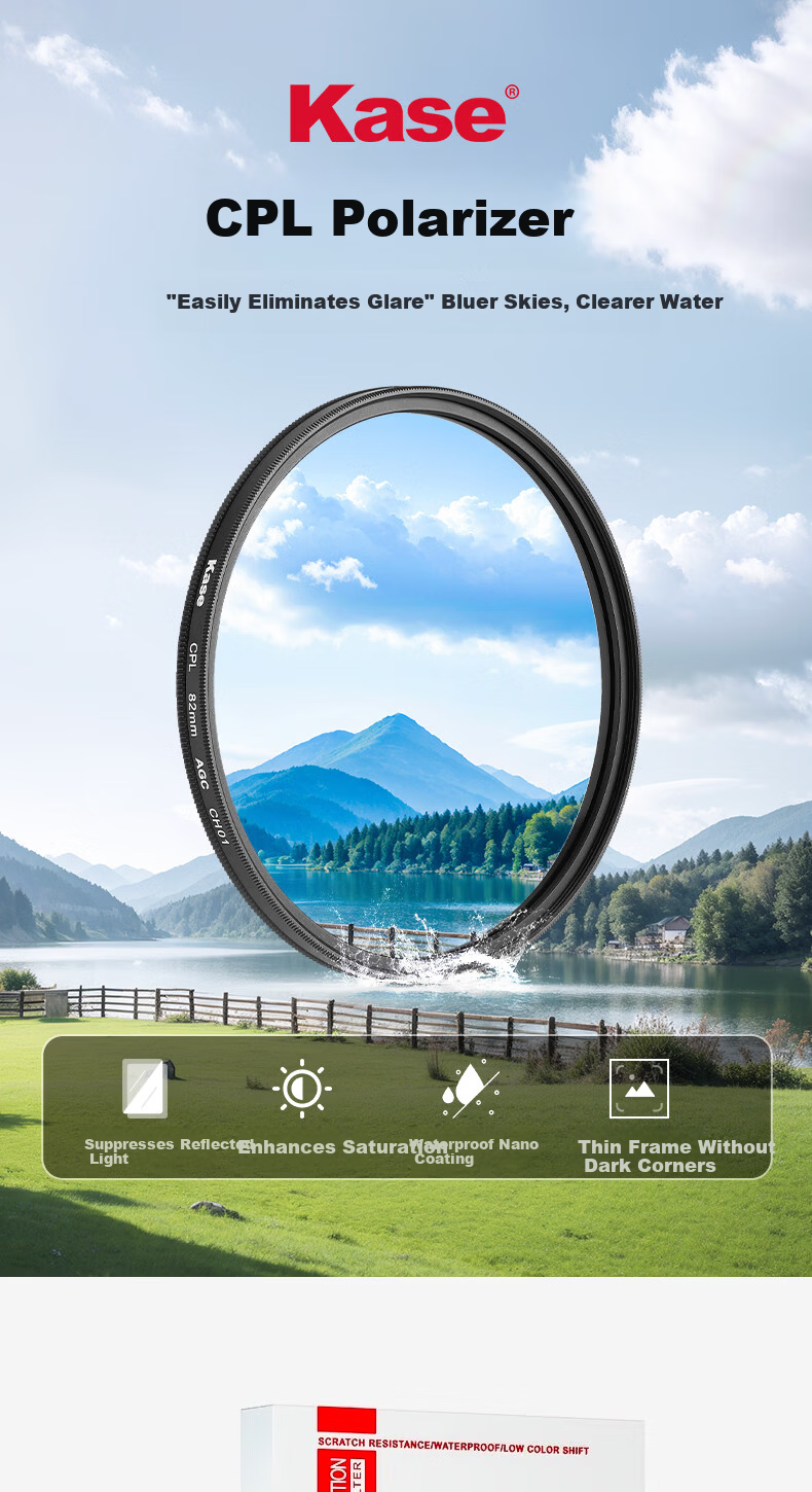 Kase CPL Polarizing Filter Third Generation, CPL III 62mm, Polarizer, Light-Filtering Lens, High Clarity, High Transparency, Low Reflection, Eliminates Glare, Increases Saturatio 1