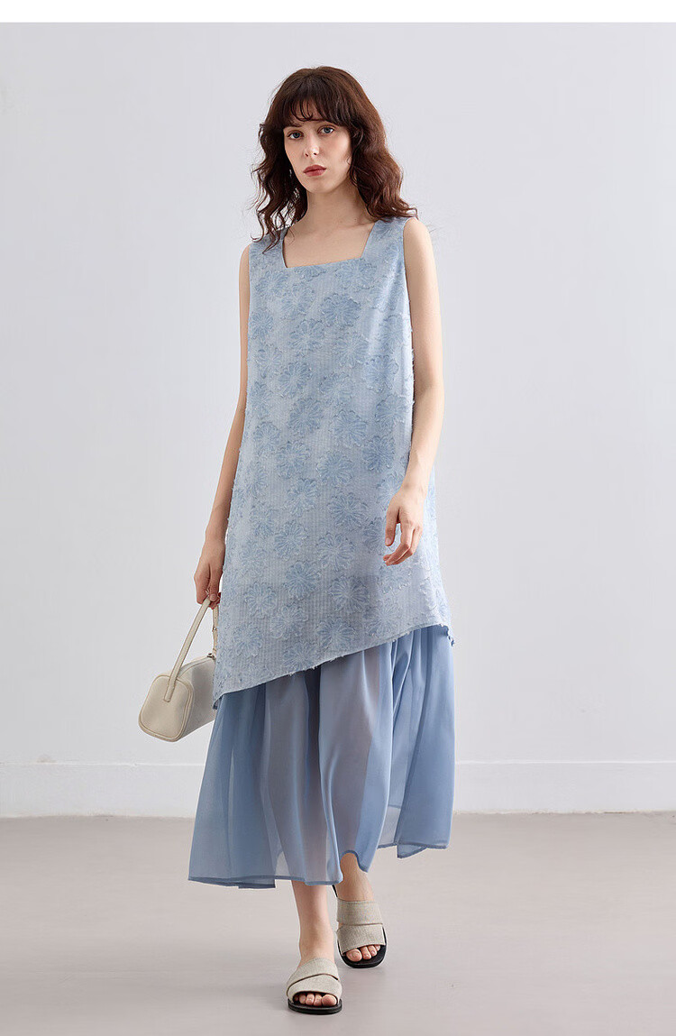 Demana Summer Faux Two-Piece Spliced Chiffon Lightweight Loose Sleeveless A-Line Mid-Length Dress with Cutwork and Print 20