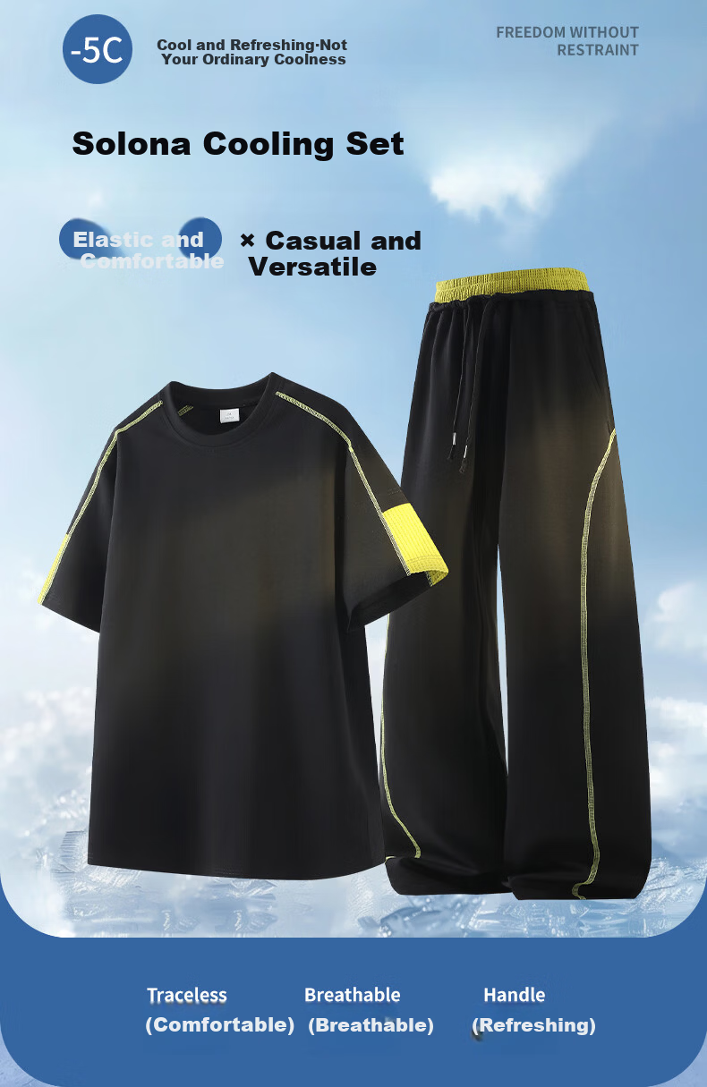 Wassup Sohot Men's Summer Sports Set Solid Color Crew Neck Short Sleeve T-Shirt Loose Fit Sports Pants Two-Piece Set Black XL 1