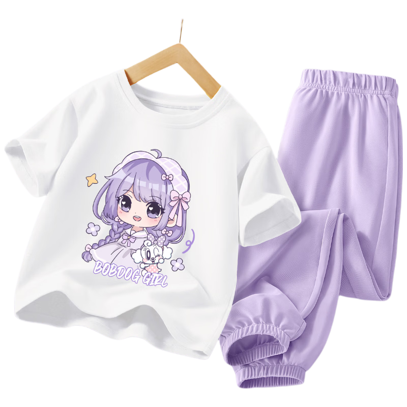 BOBDOG Girls Summer Set Dopamine Children's Clothing Pure Cotton Short Sleeve Summer Mosquito-Proof Pants Kids Wear Purple+Purple 140