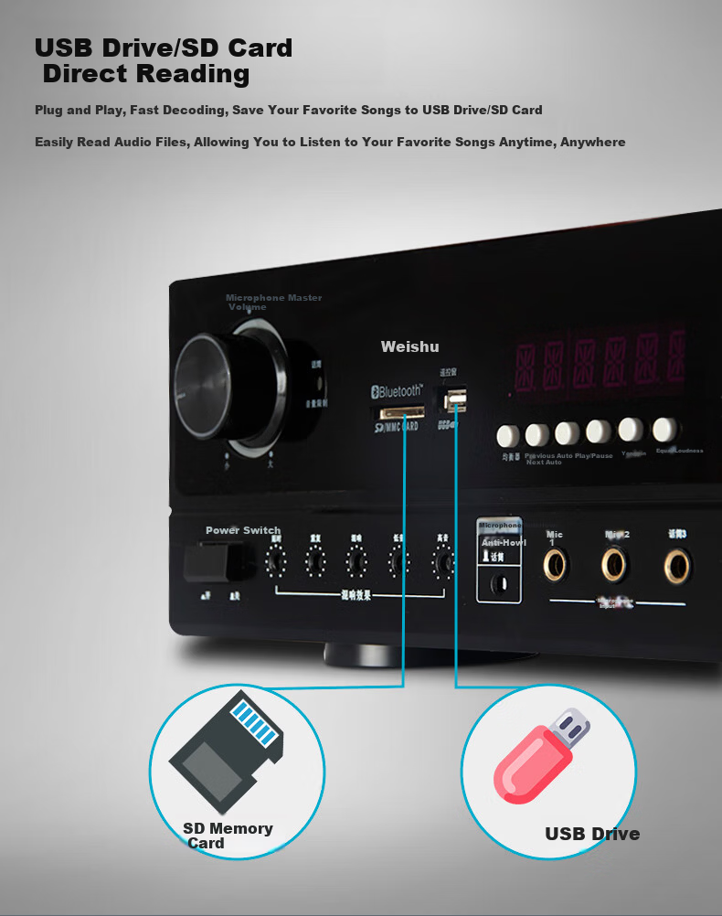 Weishu Conference Audio Video Professional Card Amplifier Bluetooth USB Multifunction Smart Amplifier Theater 300W*2 High Power KTV Amplifier KX-300 3