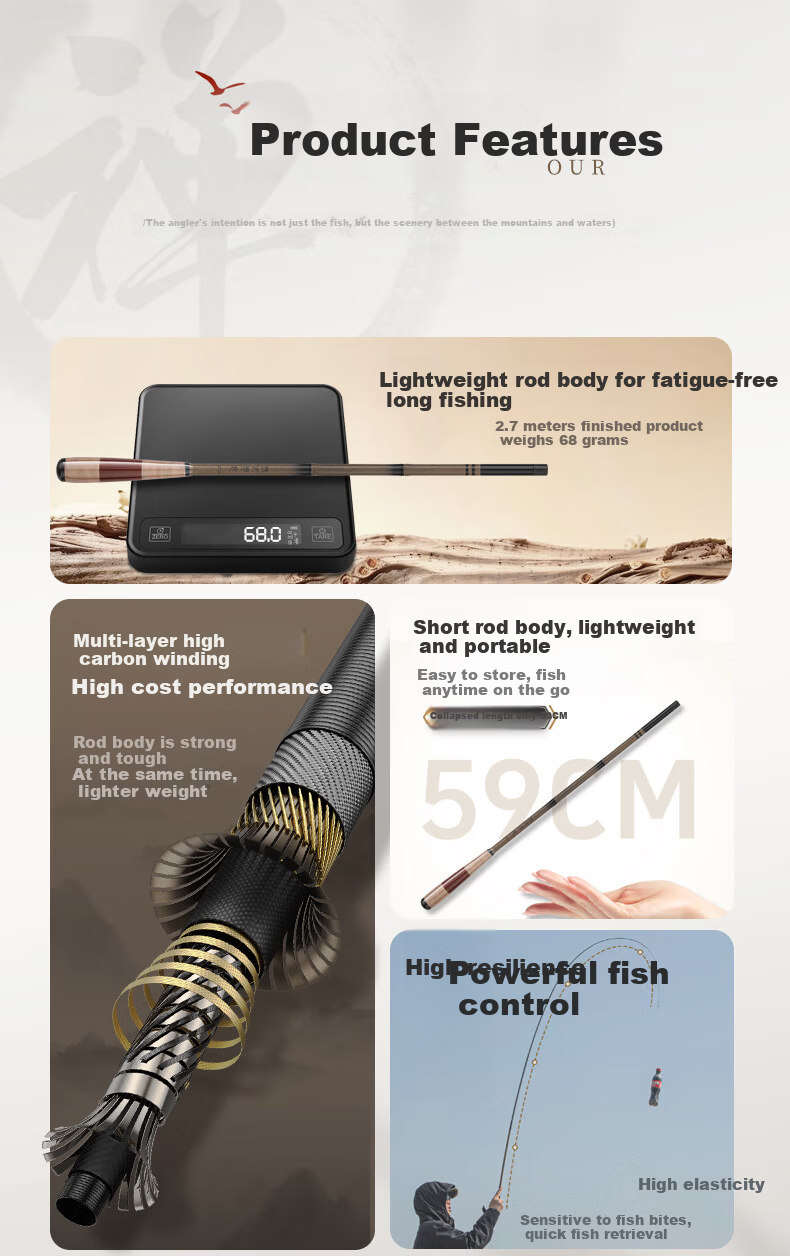 Grased Fishing Rod, Carbon Fiber Fishing Pole, Handheld Rod, Leisure Wild Fishing, Small Platform Fishing Pole, Crucian Carp Short Section Stream Rod, Zen Style, 3.6 Meters 3