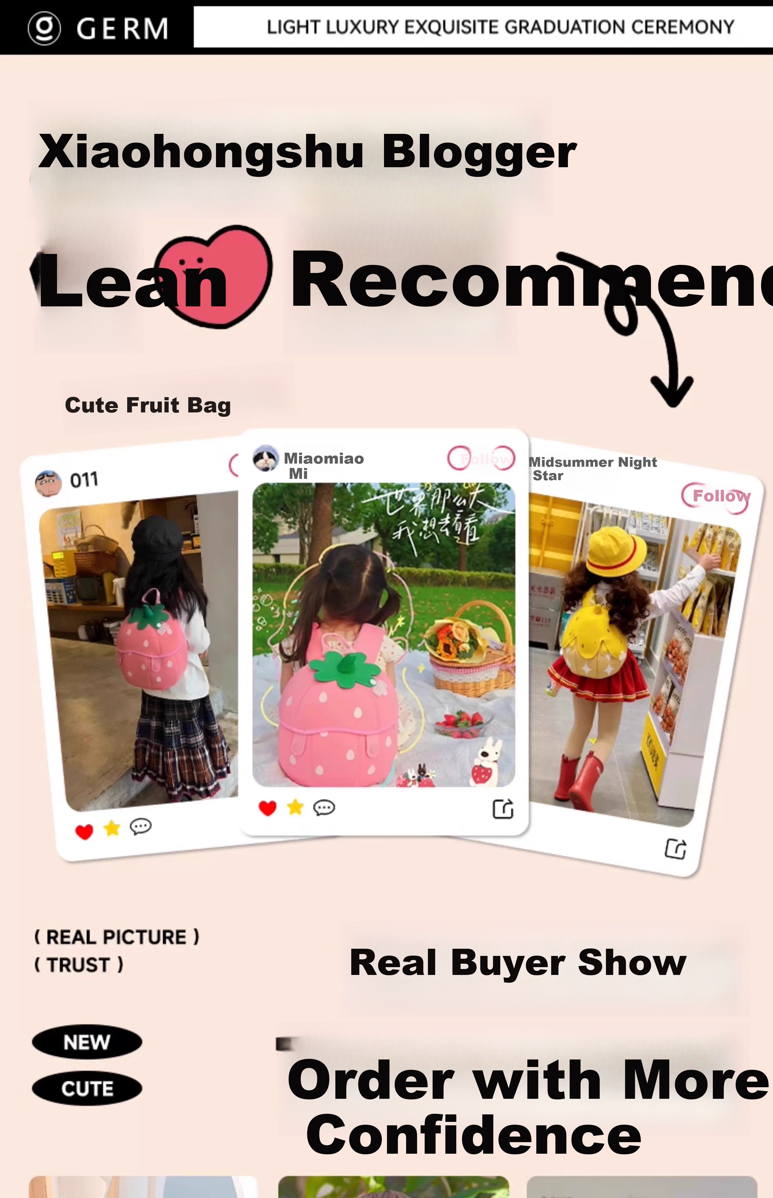 Germ Kids Backpack Kindergarten Girls Cute Strawberry White Chocolate Birthday Gift for Little Girls 1