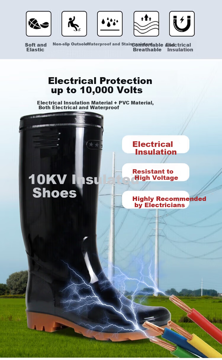 SHENGLI T-Gard® Industrial Mining Boots Waterproof Reflective High-Cut Rain Boots Slip-Resistant Wear-Resistant 20KV Insulated Rain Boots Black Size 42 FMB350 3
