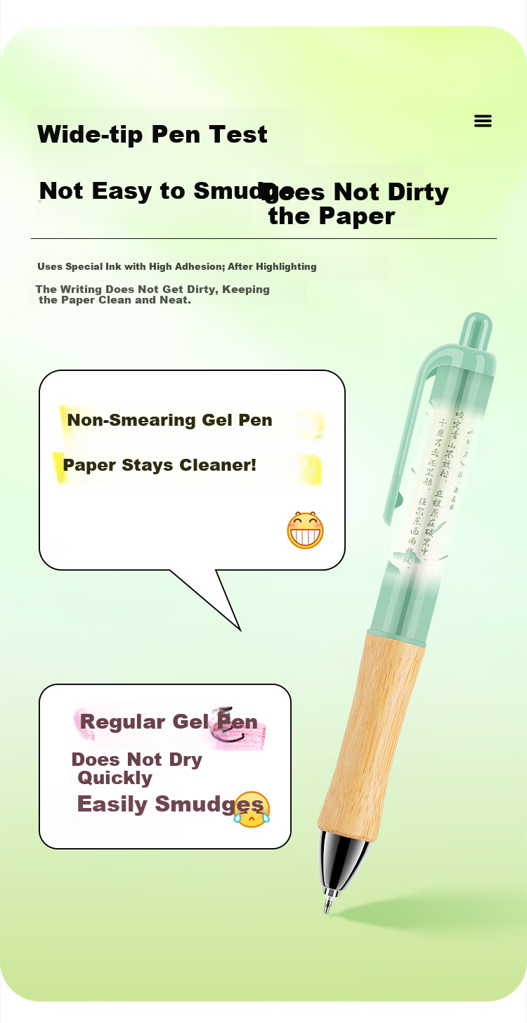 Fizz Good Bamboo Quick-Dry Click Gel Pen High-Value 0.5mm National Style Dual Ballpoint CS Tip Large Capacity Office Signature Pen Brush Pen 1-Pack B73007 Blue Barrel 6
