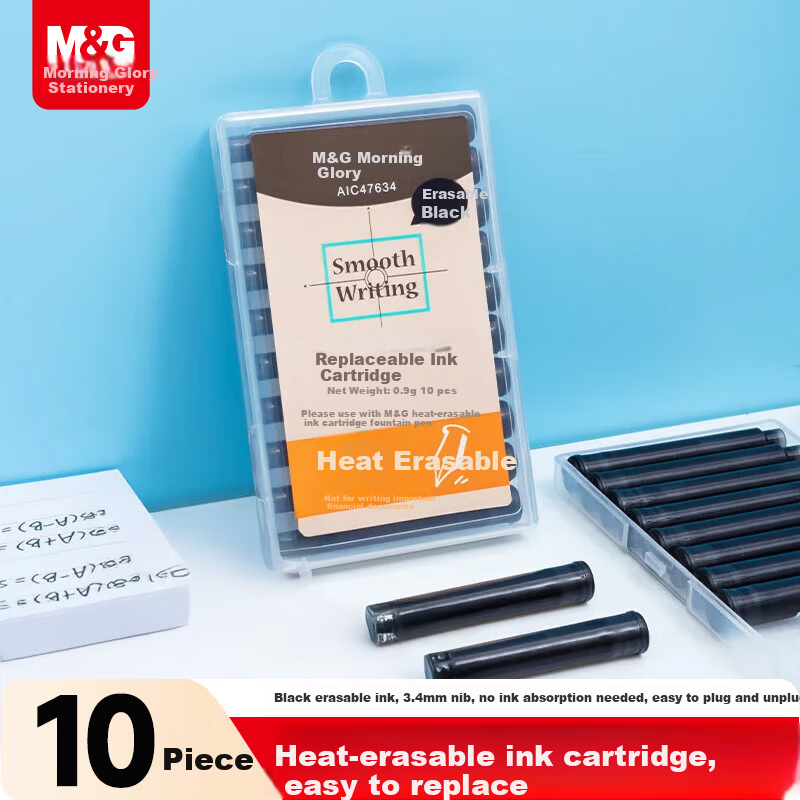 M&G Erasable Black Fountain Pen Ink Cartridges 3.4mm Refillable Oil-Based Ink for Students 10-Pack AIC47634A