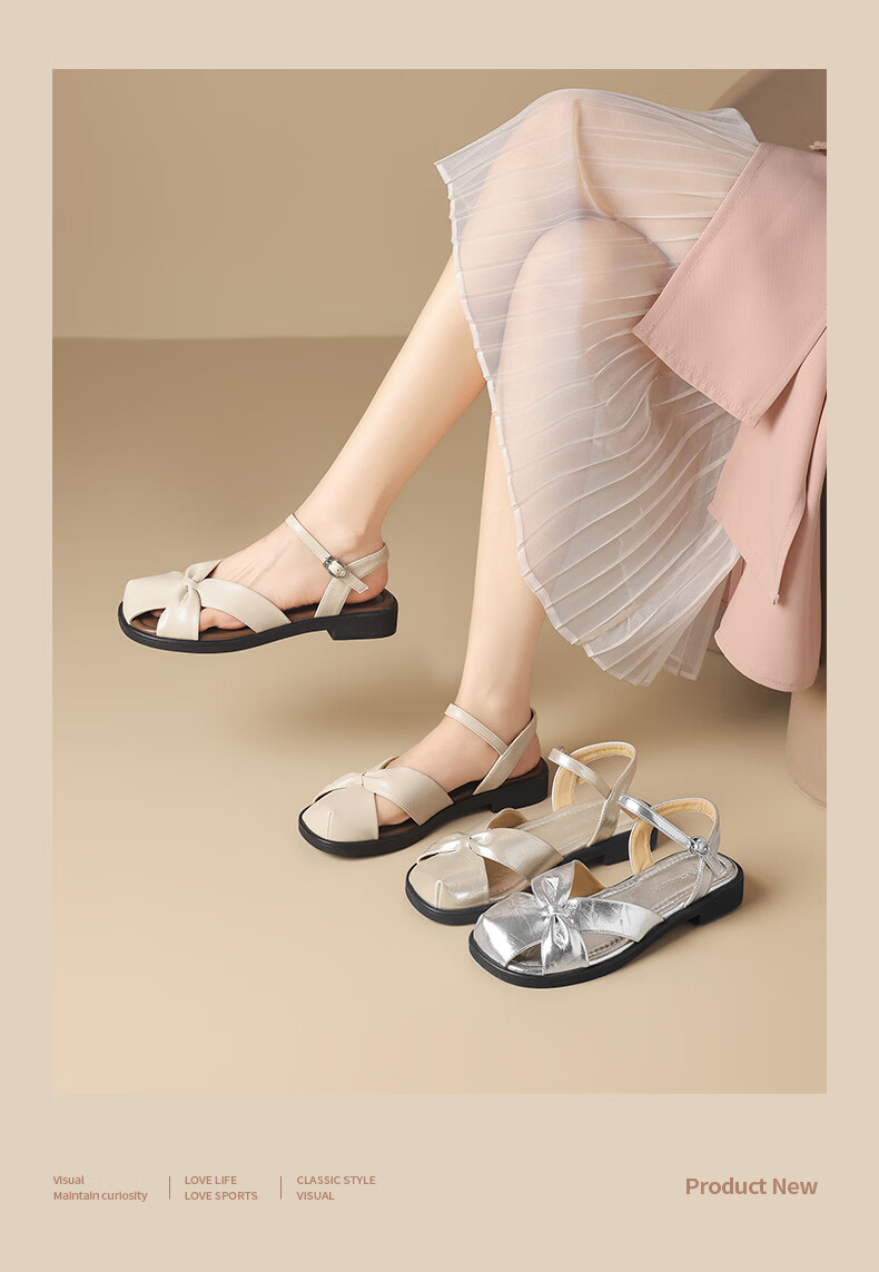 ZHR Women's Soft Flat Open-Toe Retro Hollow-Out Roman Sandals Single Strap Beach Slippers KN272 Champagne Size 39 4