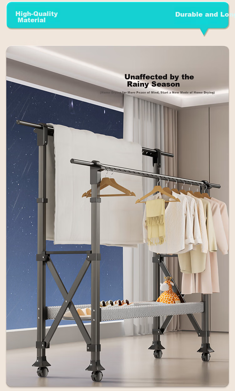Hotata Floor-Standing Clothes Drying Rack Home Adjustable Double Rod with Drying Net Universal Wheels Mobile Outdoor H-Frame Drying Rack 10