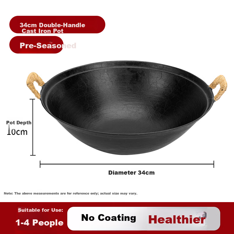 Jinchun Zhangqiu Cast Iron Wok Non-Coated Stir Fry Pan Stew Pot Non-Stick Household Round Bottom Double Handle Authentic Cast Iron 34cm