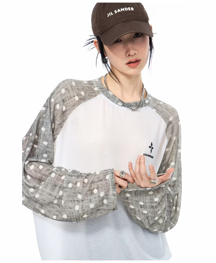 ICH MODE Polka Dot Raglan Sleeve Color Block Long Sleeve T-Shirt Physical Sun Protection Sheer Breathable Summer Top for Women Pink XL 11