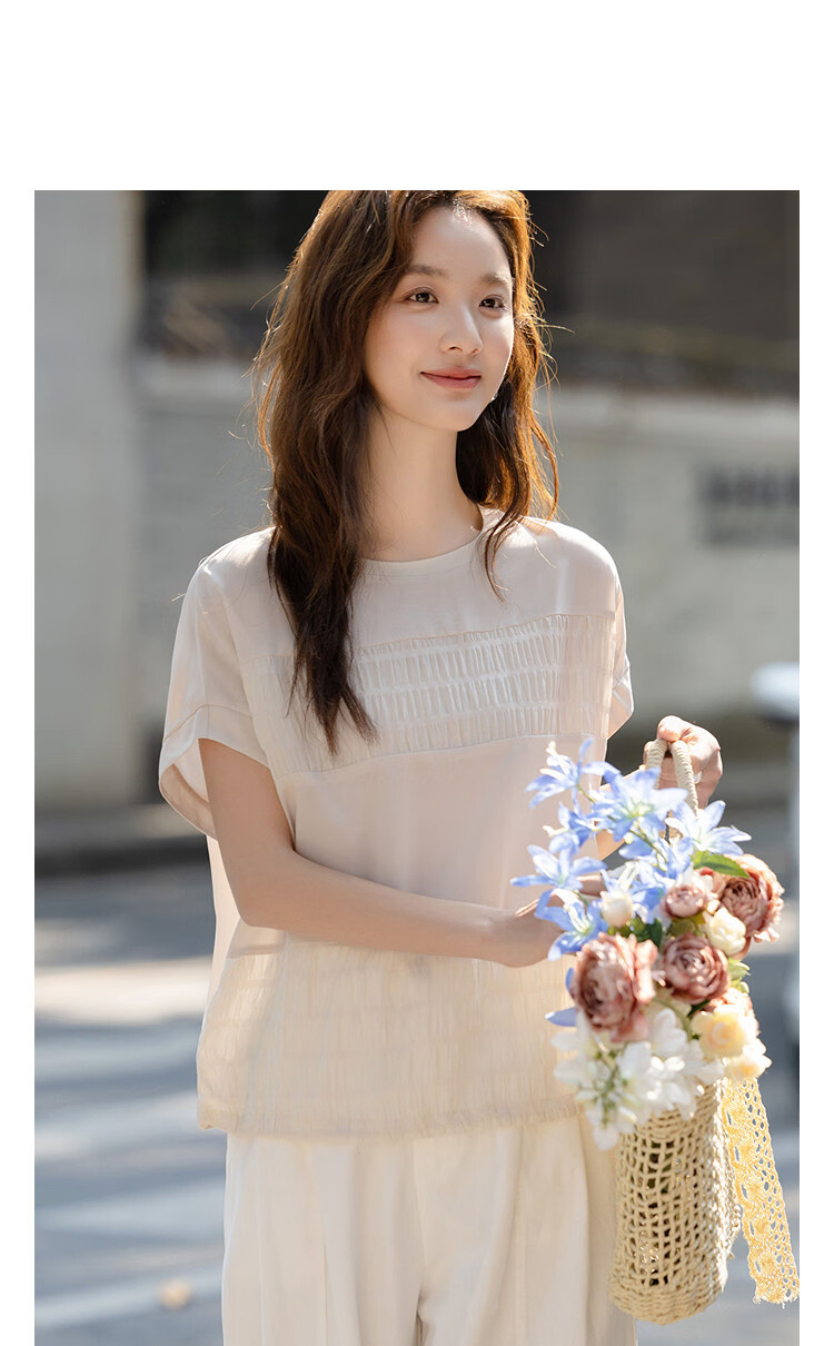 Demana [Sen Oxygen Bubble] Summer Elegant Urban Patchwork Round Neck Raglan Sleeve Loose Slim Shirt for Women High-End Feel 14