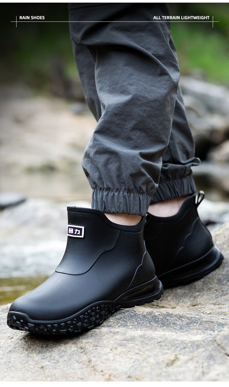 Warrior Men's Waterproof Non-Slip Fashion Outdoor Rain Shoes Durable Rubber Short Boots Hiking Rain Boots Slip-On 3538 Black Size 42 7