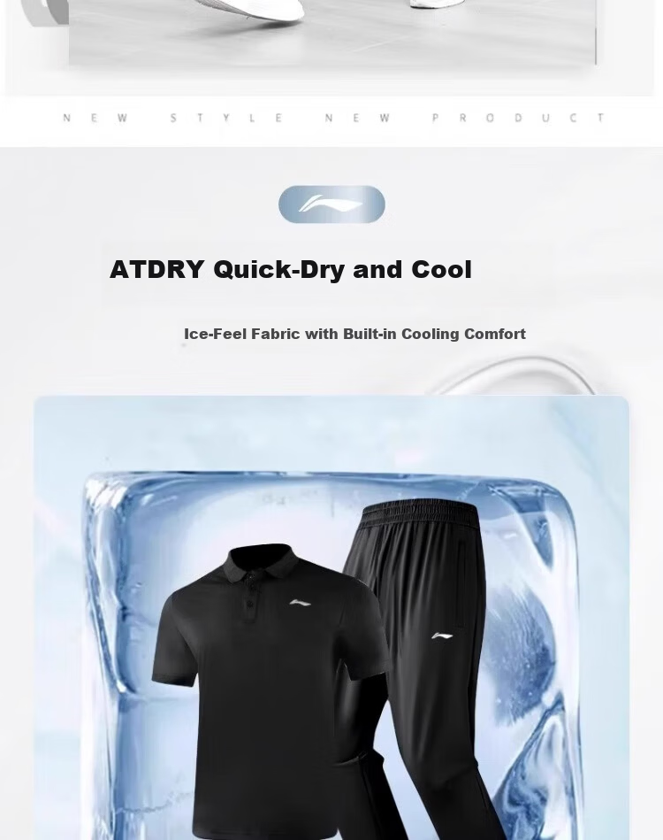 LI-NING Men's Sports Polo Set Quick-Dry Short Sleeve and Long Pants Two-Piece New Ice Silk Loose Casual Top and Pants 2
