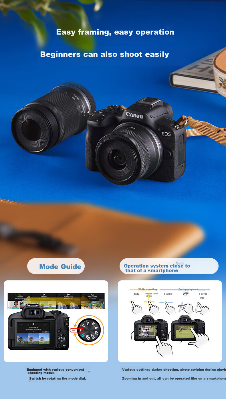 Canon R50 Entry-Level Mirrorless Camera Vlog Shooting 4K Video Selfie Half-Frame APS-C Student Travel Home Street Photography Kit 8