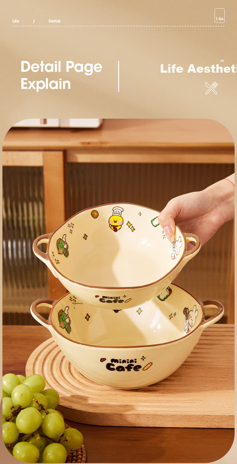 MANCHAOJIA LINE FRIENDS Ceramic Double-Handle Bowl Household Yogurt Salad Soup Bowl Deep Large Capacity 7 Inch 3