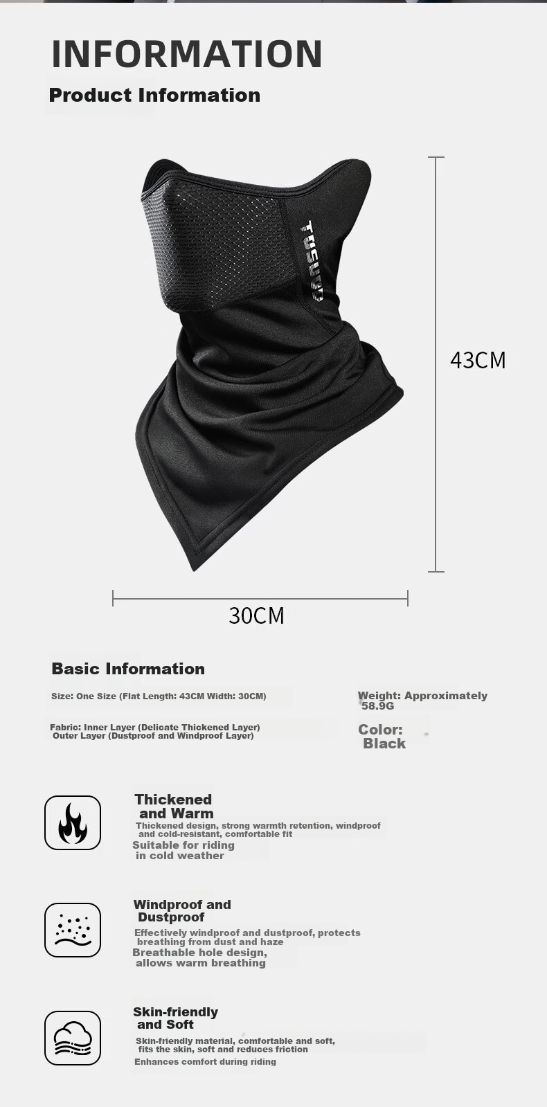 Captain Tas Cycling Face Mask Autumn Winter Warm Windproof Neck Gaiter Outdoor Motorcycle Electric Bike Face Cover Headscarf Black 2