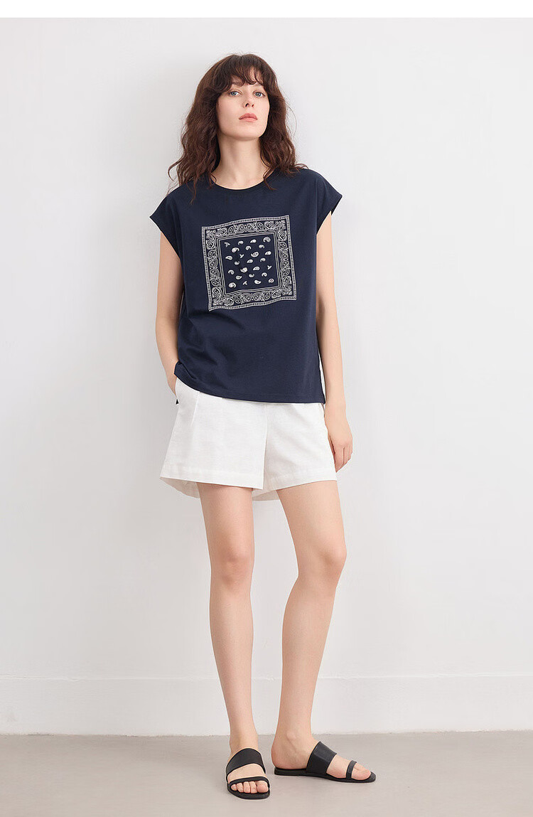 Demana [Cool Sorona] Summer Retro Print Crew Neck Short Sleeve Loose Casual Simple Versatile Women's T-Shirt 21