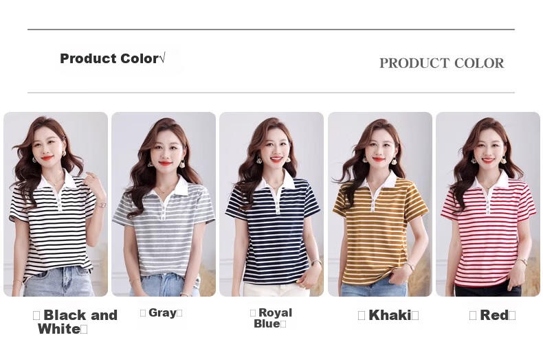 Woodpecker Pure Cotton Polo Collar Short Sleeve T-Shirt Women Summer Striped Polo Shirt Loose Plus Size Black White L 8