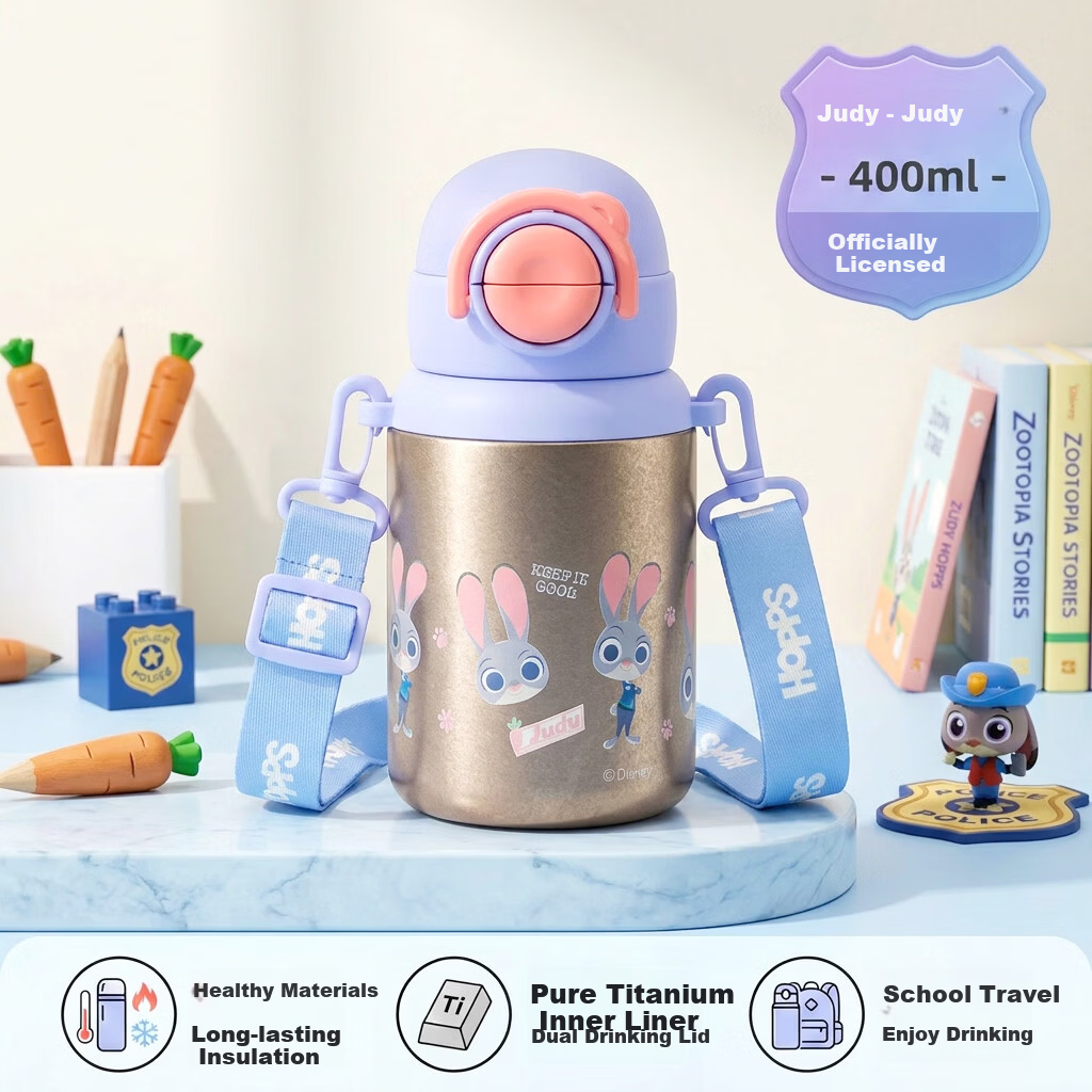 Disney Kids Titanium Insulated Water Bottle 400ml Portable Straw Cup High-Quality Gift
