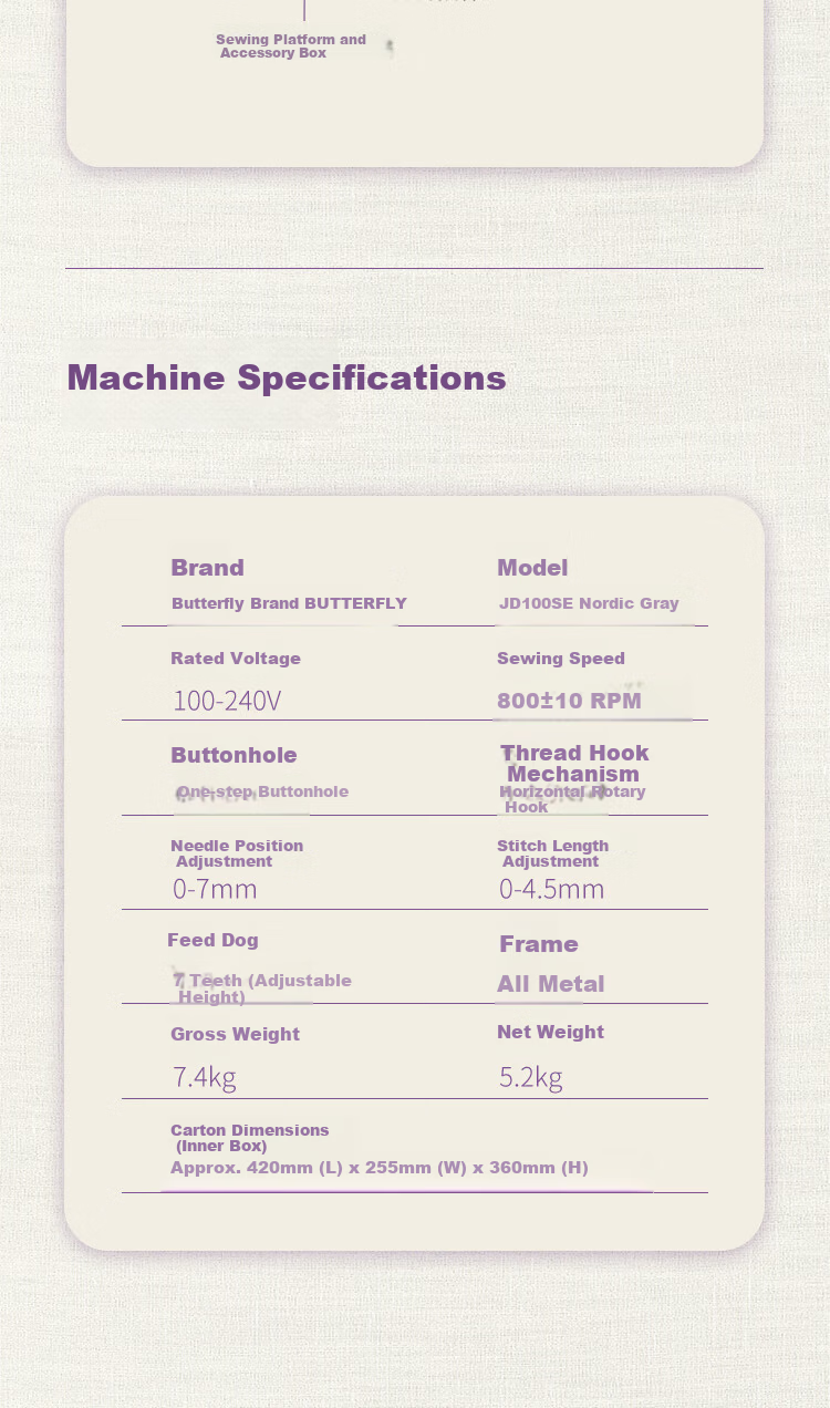 BUTTERFLY JD100SE Multifunctional Home Electronic Sewing Machine Desktop Quiet Thick Fabric 100 Stitch Patterns with Extension Table 13