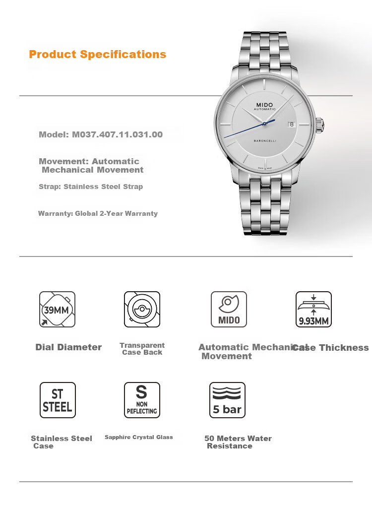 MIDO Belluna Signature Swiss Mechanical Leather Strap Men's Watch Business Casual Gift for Boyfriend 5