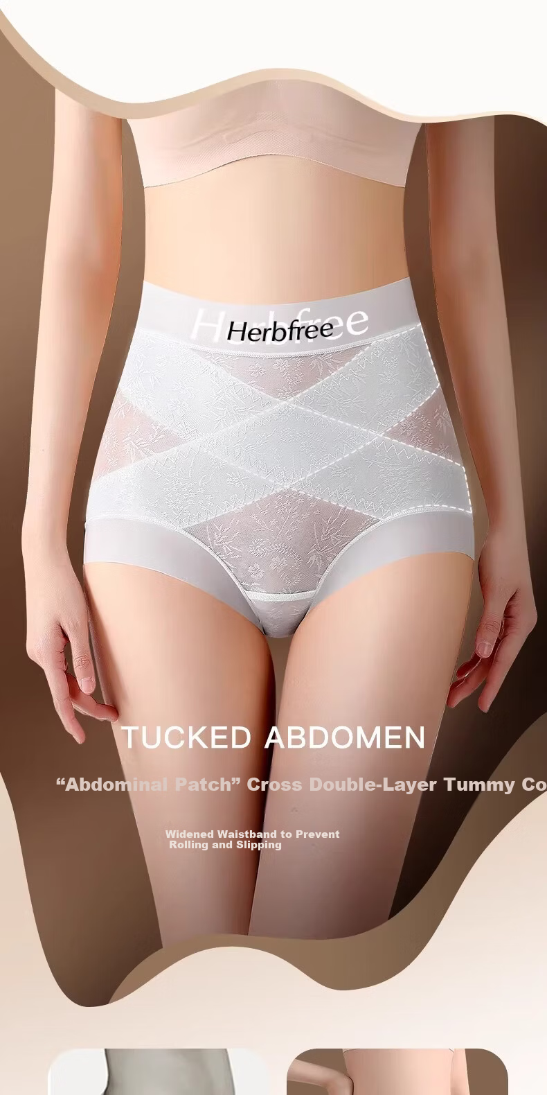 Herbal Original Color Probiotic Mulberry Silk Gusset High-Waist Tummy Control Polylactic Acid Jacquard Lace Nude Feel Women's Shaping Underwear 20