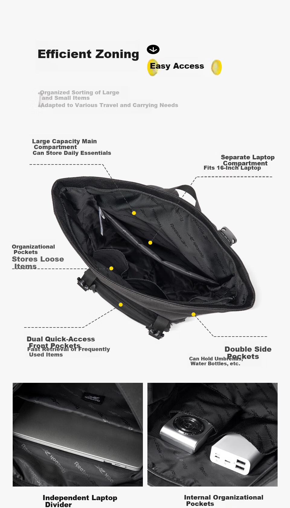 Reebok Men's Large Capacity Sports Backpack 2026 New Expandable High School College Student Bag Women Obsidian Black 5