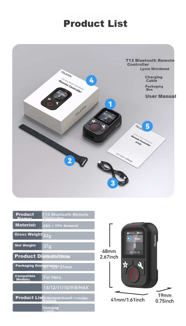 TELESIN Bluetooth Remote Control for GoPro 13 Compatible with Hero 12 11 10 9 Action Camera, HD Color Screen, Mode Switching, 60m Remote Control 9