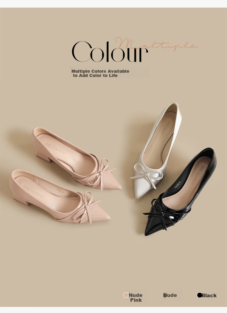 ZHR Women's Shoes 2026 New Thick High Heel Single Shoes French Style Butterfly Shallow Leather Comfortable Shoes Nude Pink Size 39 5