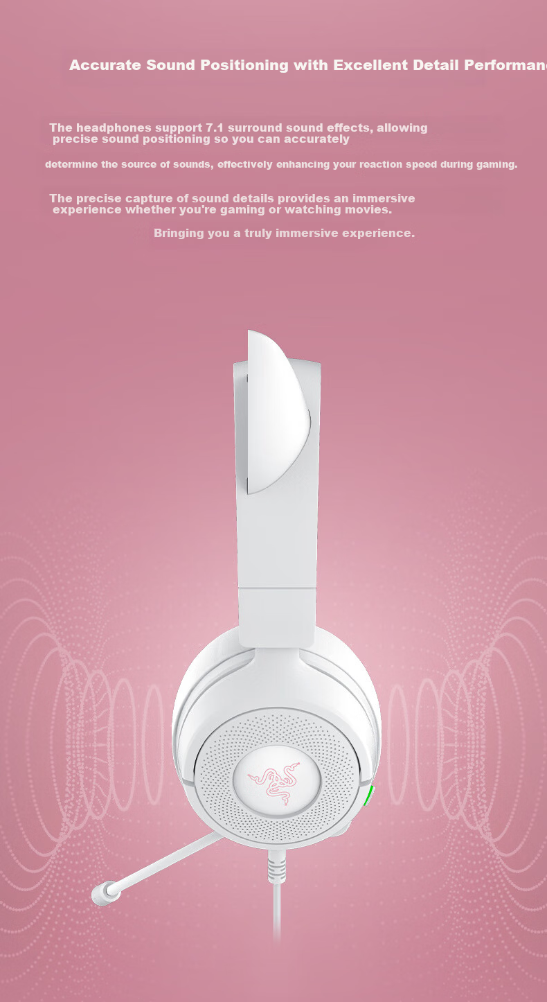 Razer Kraken V3X Wired Gaming Headset Cat Ear Edition 7.1 Surround Sound CSGO PUBG Headphones Compatible with Delta White 4