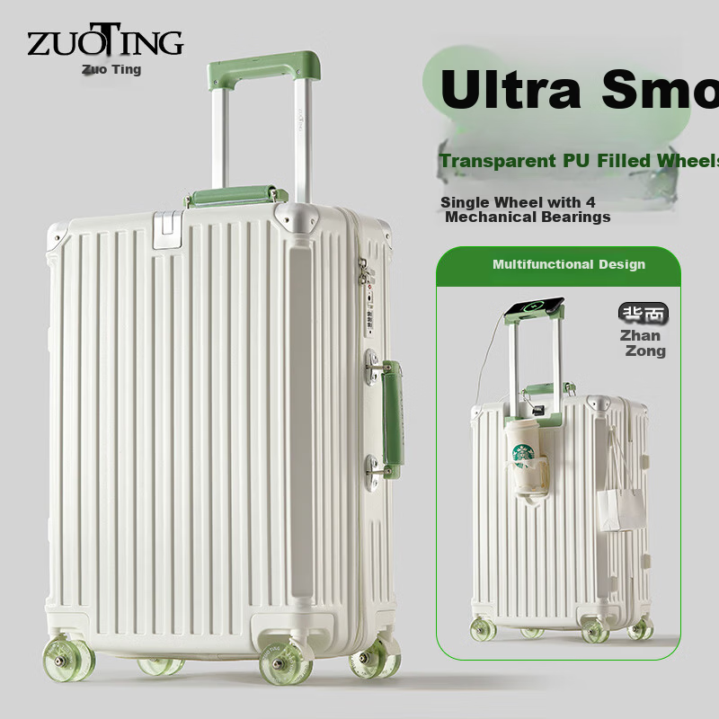 Zuo Ting Men's Colorblock 26-inch Multifunctional Luggage Suitcase Large Capacity Password Lock White & Green