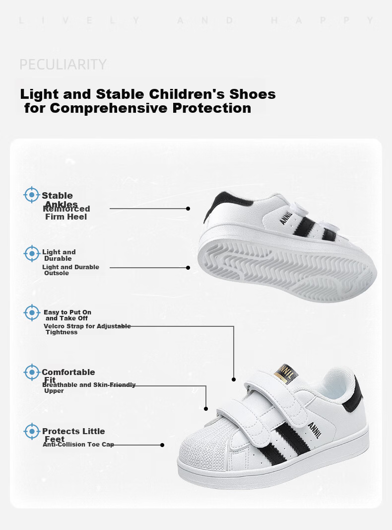 ANNIL Kids Comfortable White Shoes 2026 Summer Student Shell Toe Sports Sneakers Velcro Skate Shoes 1