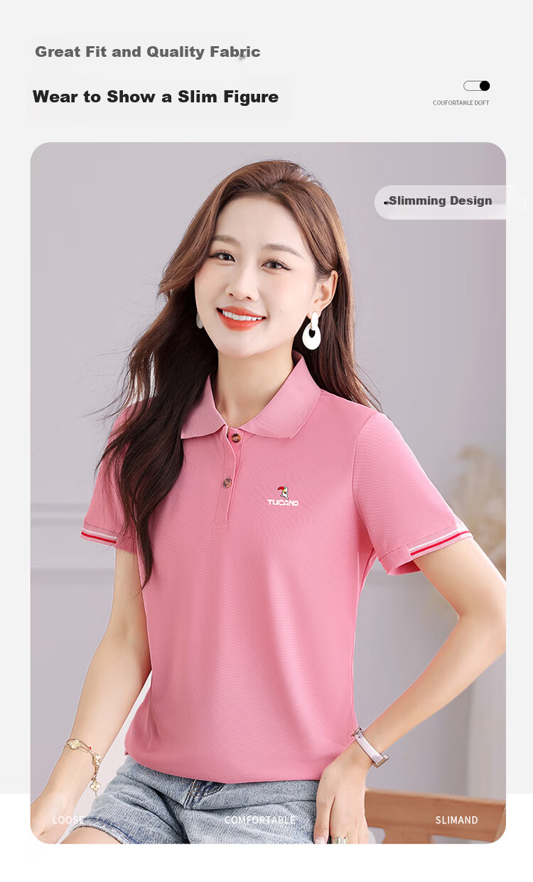 TUCANO Women's Summer New Polo Shirt Ice Silk Short Sleeve Turn-down Collar Slim Fit Sports Casual Top White 2XL 7