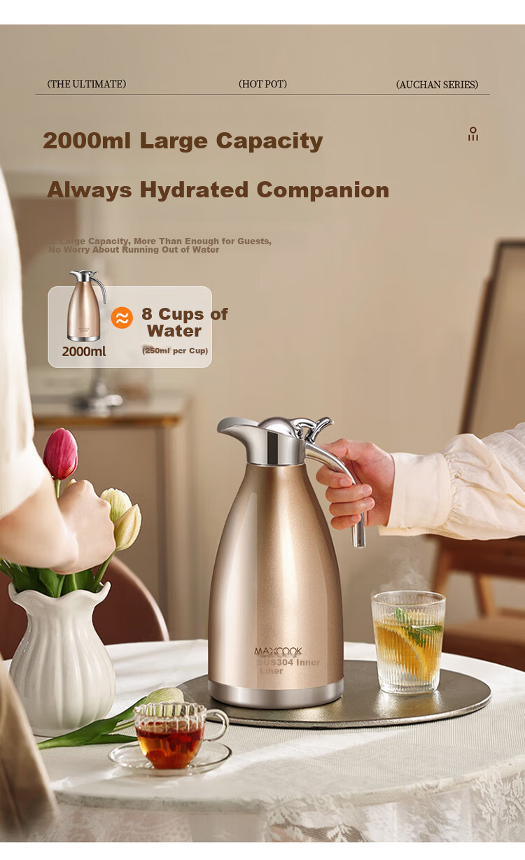 MAXCOOK Insulated Flask 304 Stainless Steel Vacuum Thermos Home Dormitory Hot Water Bottle 2L Natural Silver MCH-478 8