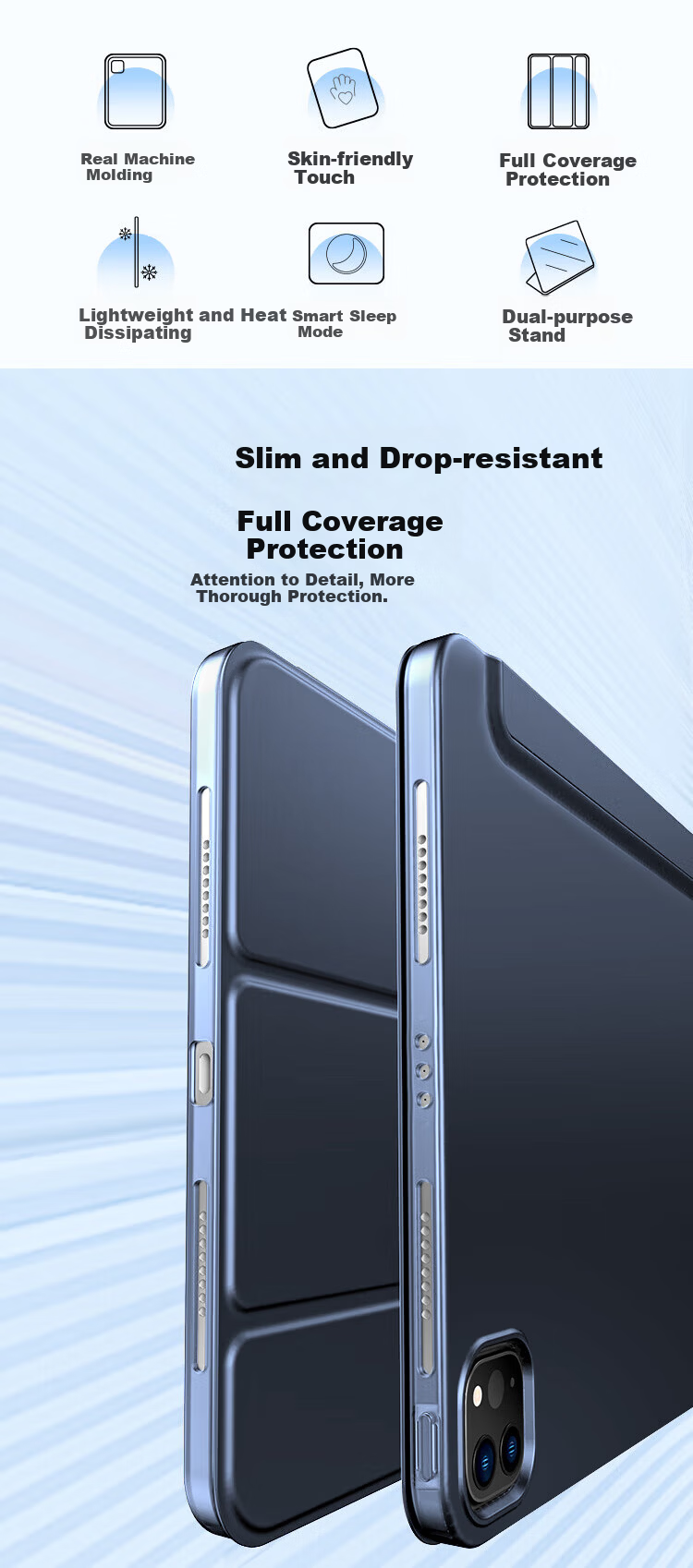 ALittleFlower iPad 12/11 Case 11 Inch iPad 11/10 Cover 26/25/22 Models Tablet Stand Tri-Fold Ultra-Thin Matte Full Protection Anti-Bend Dark Blue 2