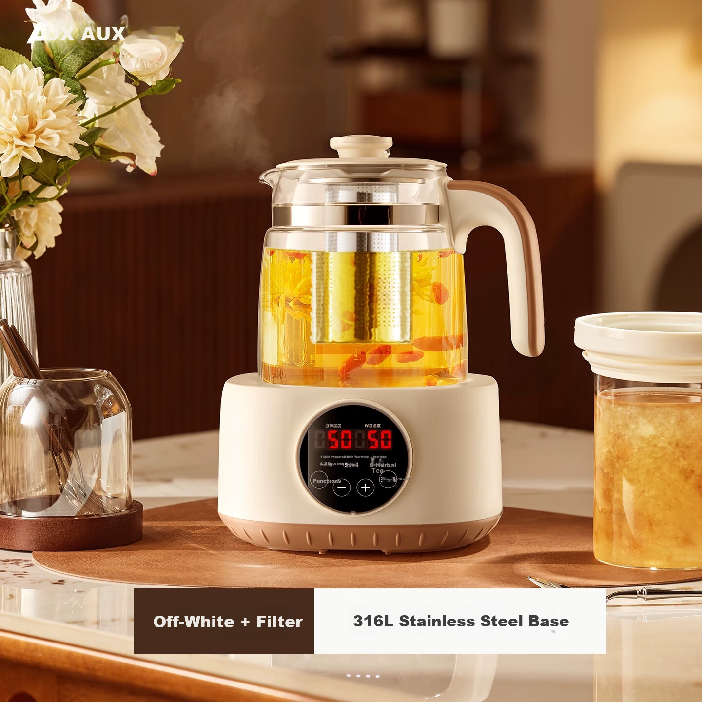 AUX YSW142 Glass Health Pot Automatic Milk Warmer Multifunctional Office Flower Tea Kettle Constant Temperature Electric Kettle Tea Cooker 316 Stainless Steel Base with Filter