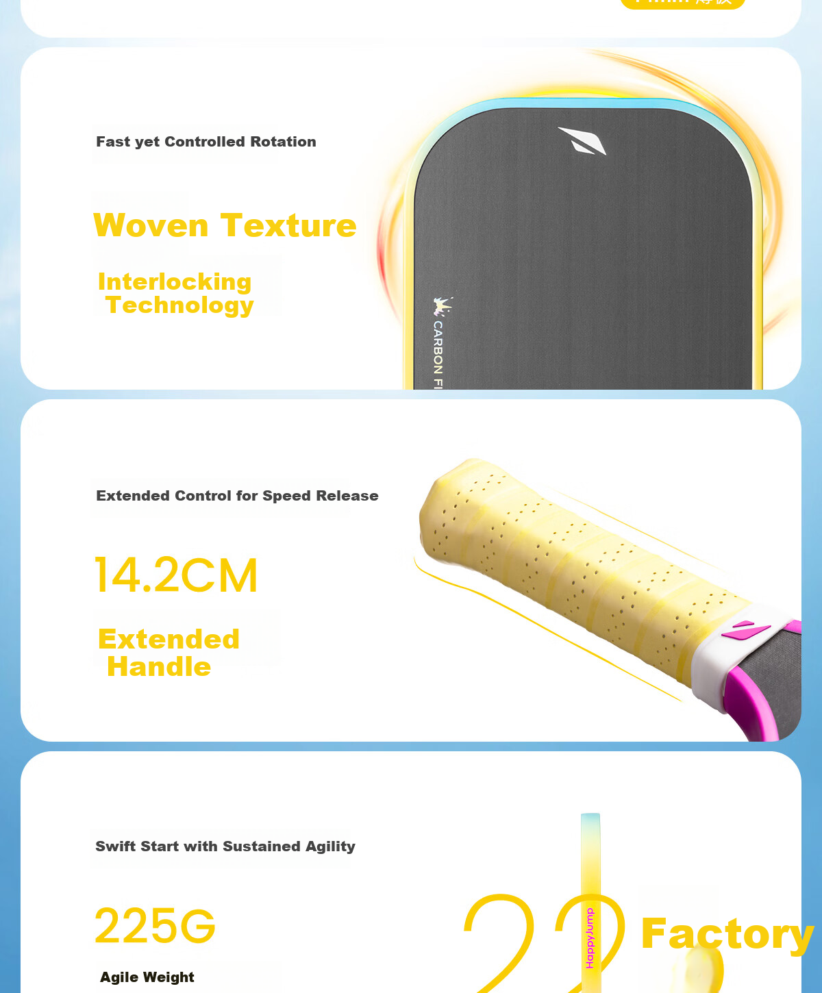 HiJump (Germany) Pickleball Paddle Tournament-Grade Long Handle Textured Matte Carbon Fiber T700 USAPA Certified 7