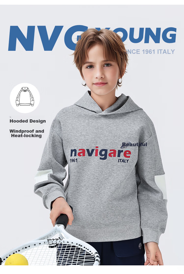 Navigare Boys' Hoodie Spring Children's Hooded Sweatshirt Student Casual Fashion Sailboat Letter Navy Blue 165 3
