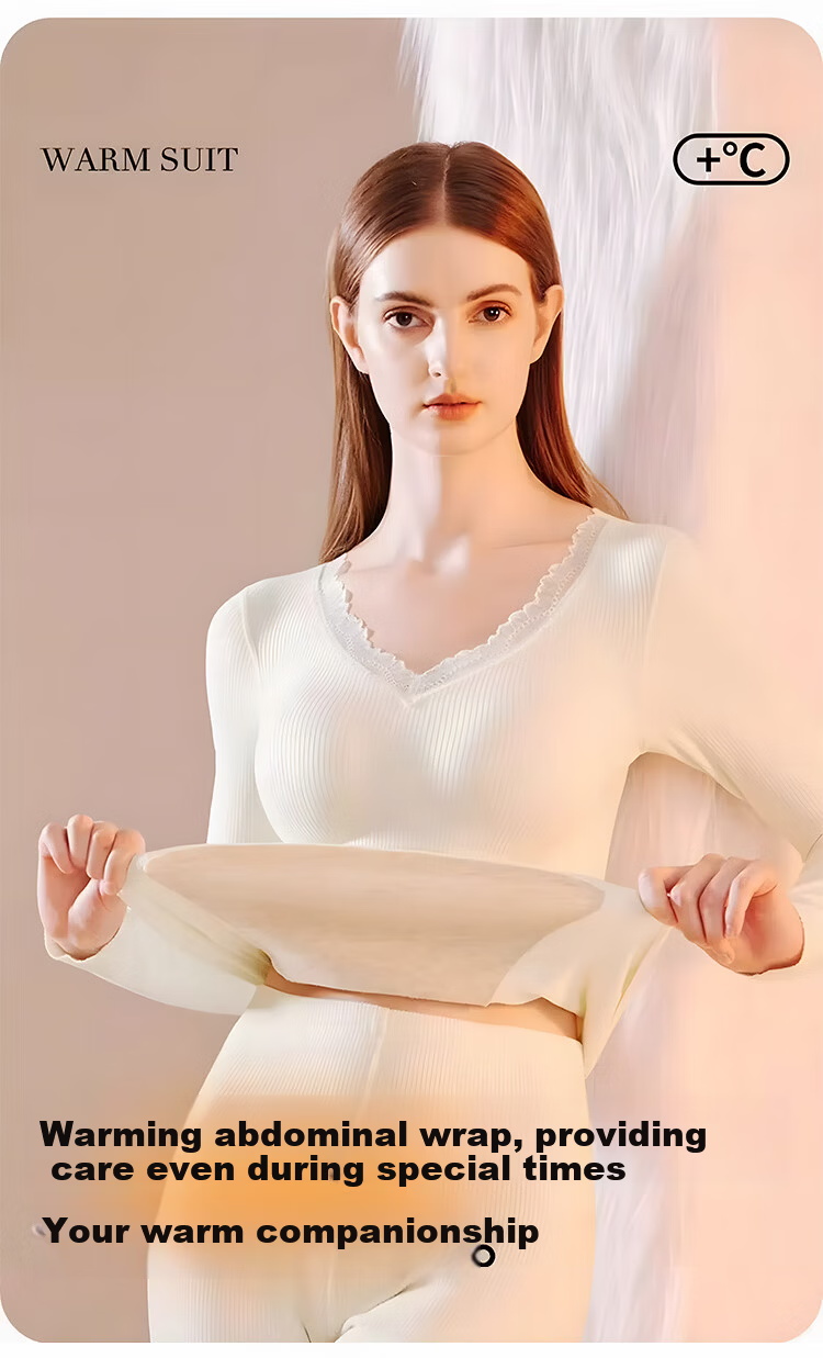 Tingmei Women's Thermal Underwear with Built-in Chest Pad, One-piece Bra-free Patch, Autumn Winter Fleece Thickened Body Shaping Set 6