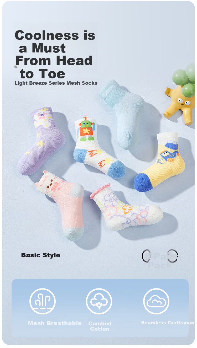 Balabala Baby Socks Summer New Mesh Breathable Children's Short Socks Boys Girls Cute Fun 5 Pairs Set 2