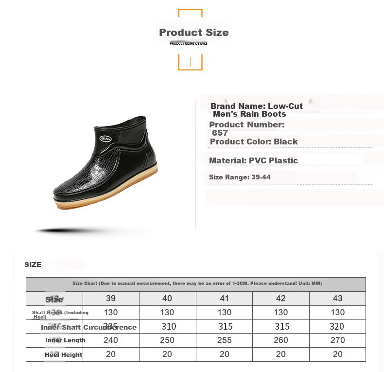 Warrior Rain Boots, Men's Short Fashion Low-Top Adult Waterproof Shoes, Rubber Boots, Rain Boots, Overshoes, 8657 Black, Size 40 3